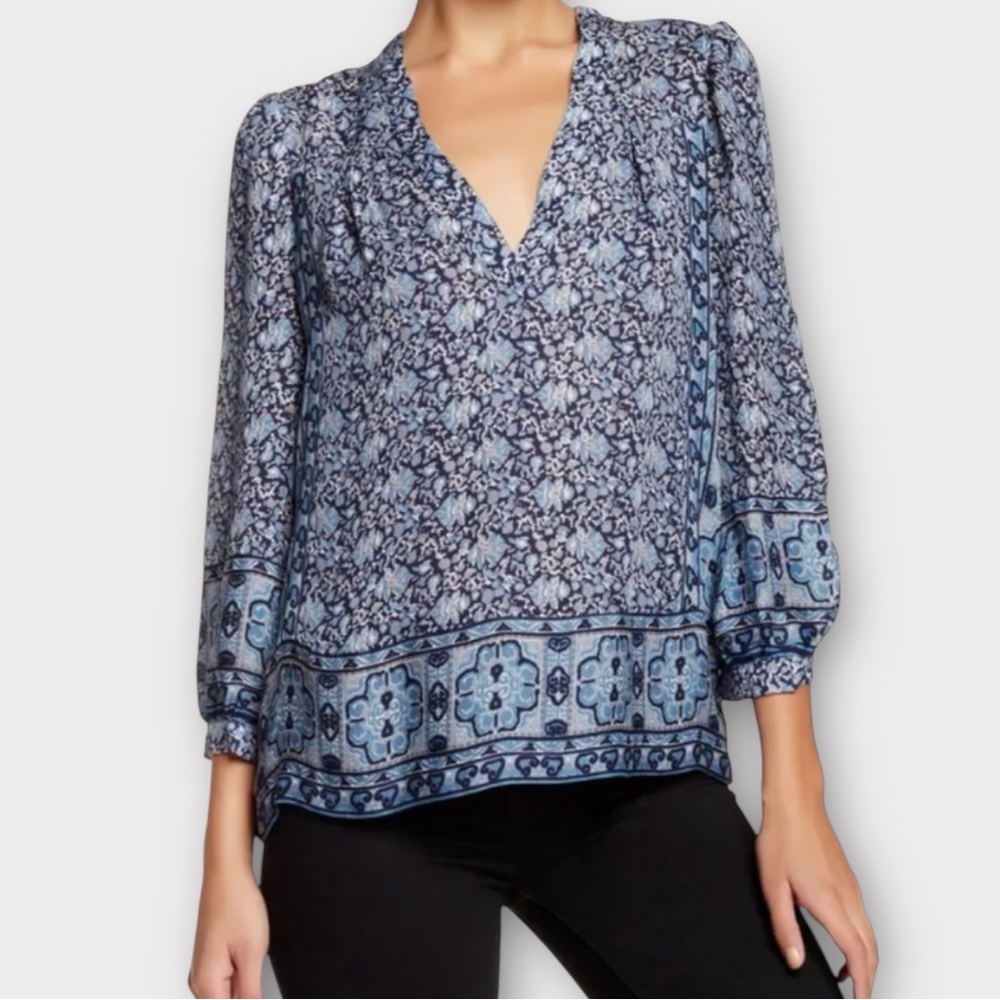 Joie Women’s Blouse Top Small 100% Silk Peasant Abstract Quiet Luxury